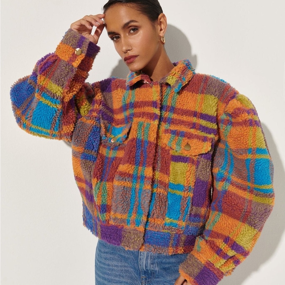 Celiab Assunta Plaid Colorful Check Teddy Jacket New XS